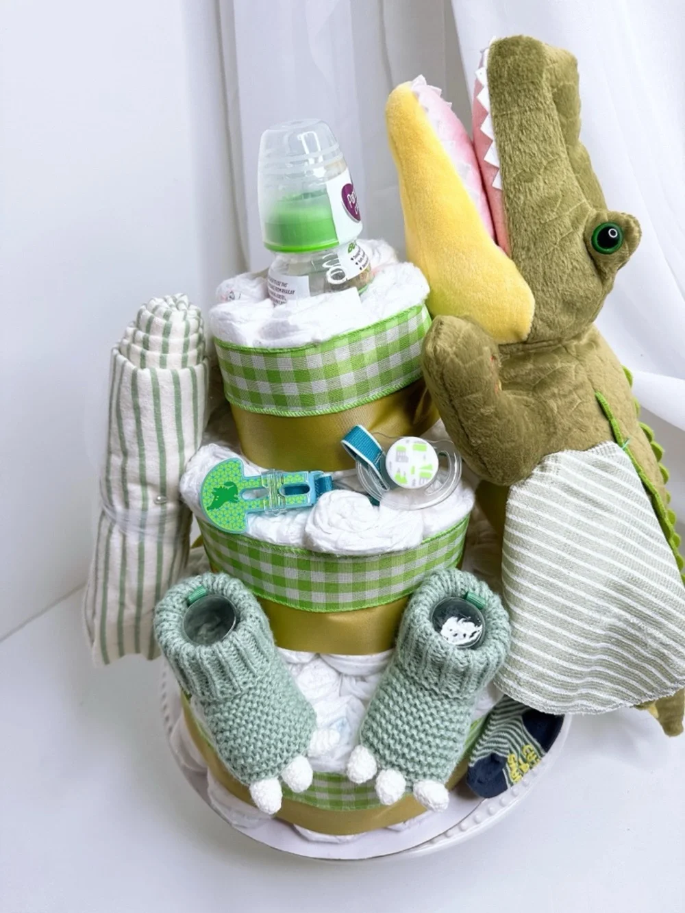 Green & White Alligator Baby Gift Set - Plush Crocodile + Essentials